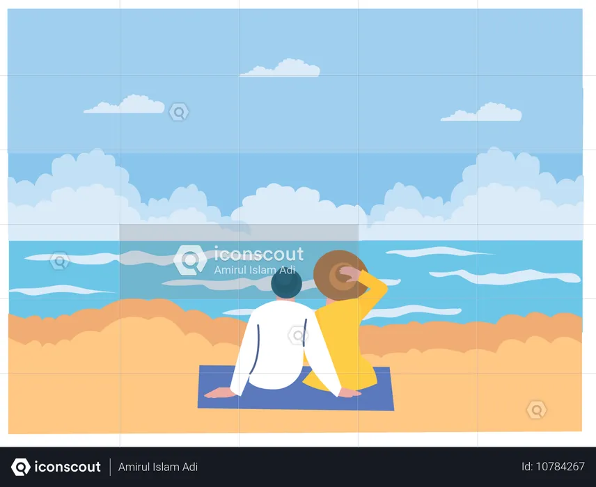 Young couple sitting at beach while enjoying beach view  Illustration