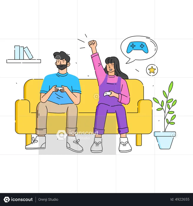 Young Couple Sitting on Sofa Playing Games with Gaming Console  Illustration