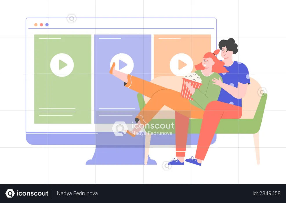Young couple sitting on the couch and watching TV  Illustration