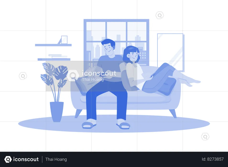 Young Couple Sitting On The Sofa Playing A Game  Illustration