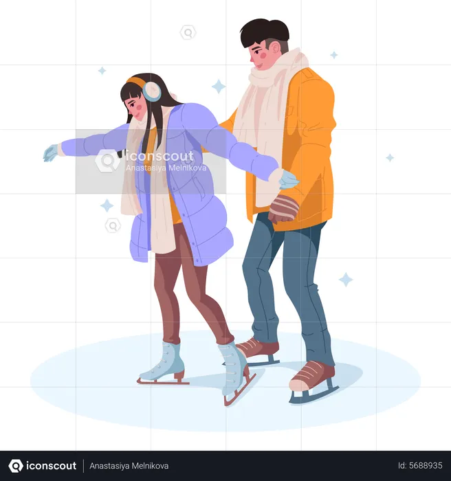 Young couple skating on ice  Illustration