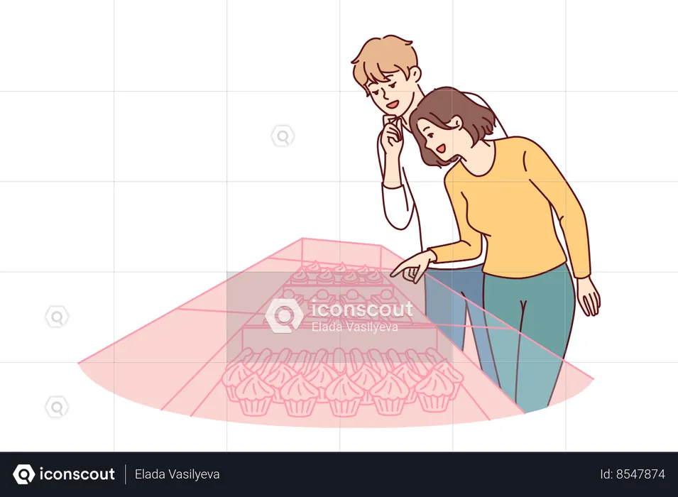 Young couple stands near showcase of pastry shop with cakes and desserts under transparent glass  Illustration