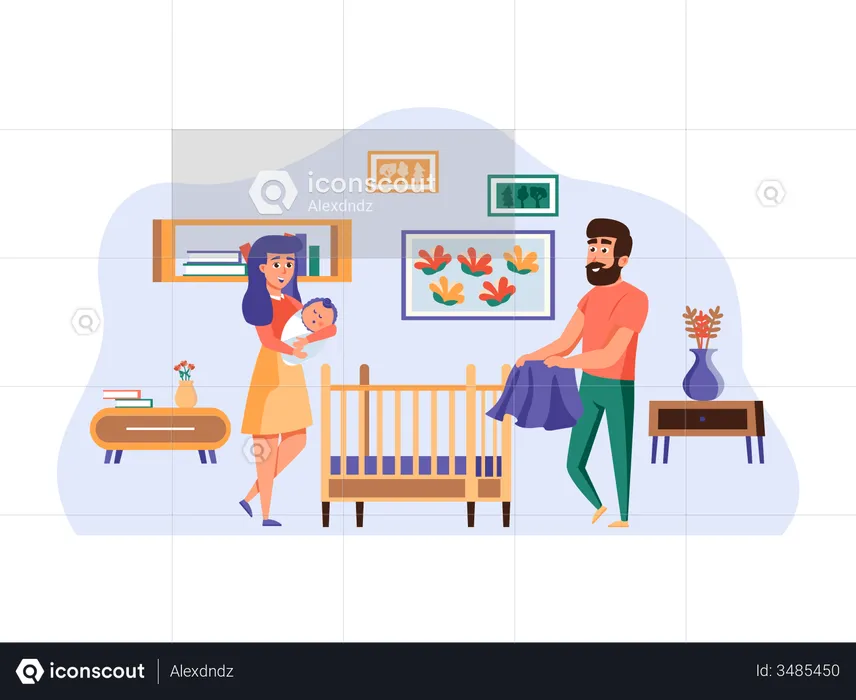 Young couple taking care of newborn baby  Illustration