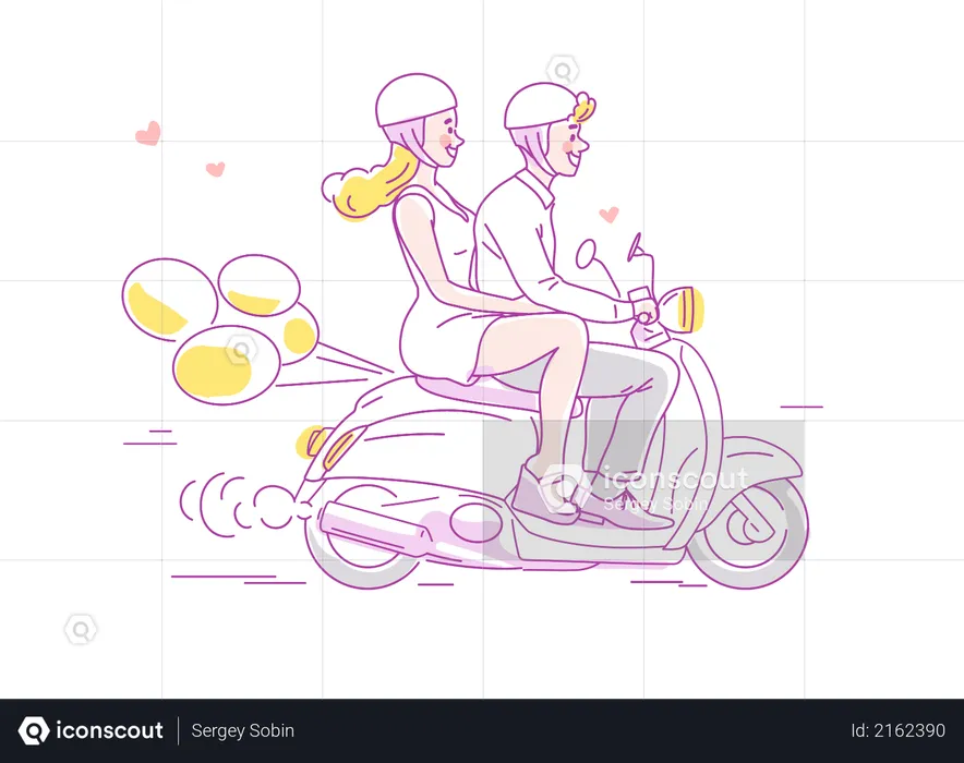 Young couple traveling on scooter with balloons behind  Illustration