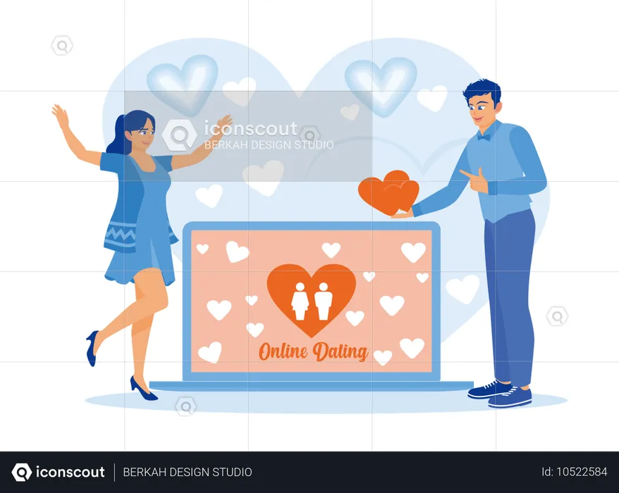 ノートパソコンの画面でオンライン デート サイトを訪問する若いカップル。パートナーにハートのシンボルを与える若い男性  イラスト
