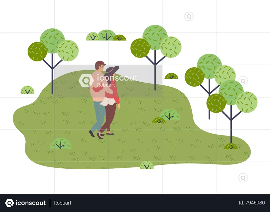 Young couple walks in the park in embrace  Illustration