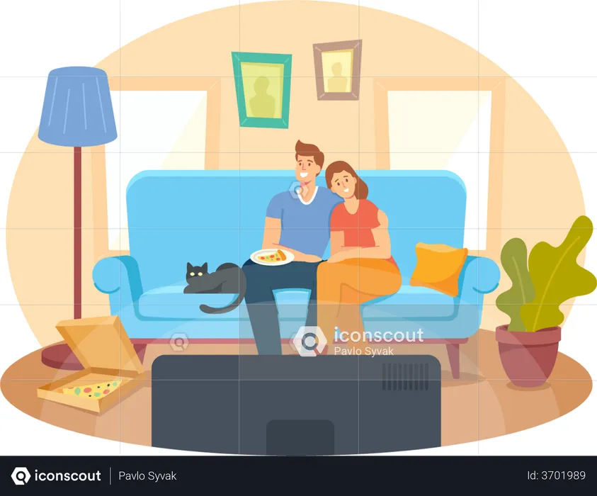 Young Couple Watching TV with Eating Pizza and Cat At Home  Illustration