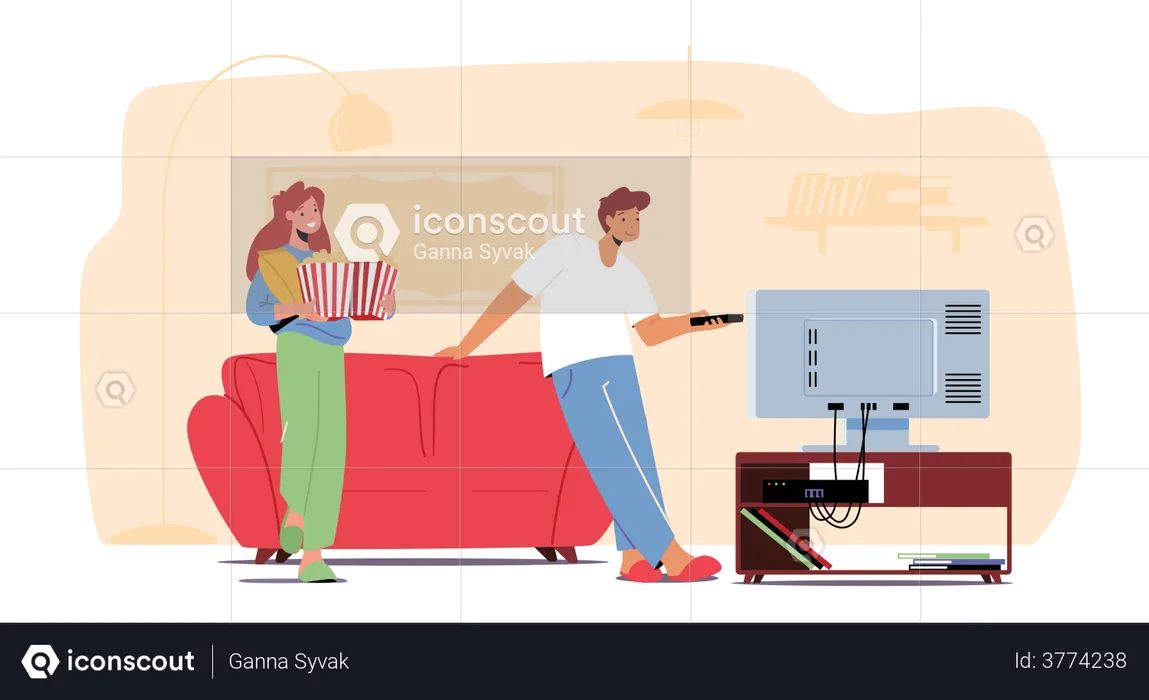 Young Couple Watching TV with Popcorn at Home  Illustration