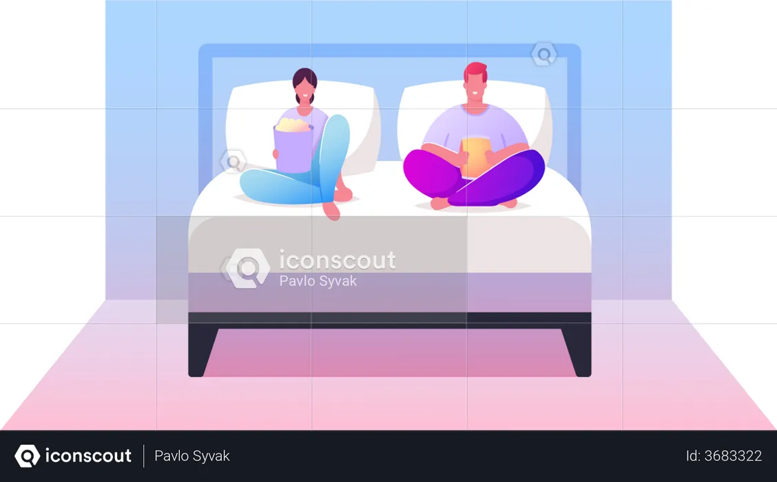 Young Couple Watching TV with Popcorn at Home  Illustration