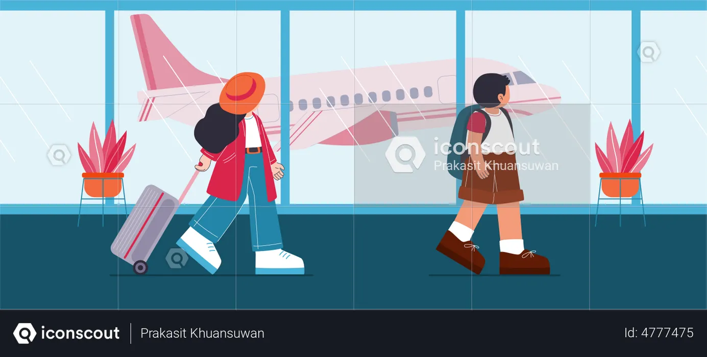 Young couple with backpack in airport  Illustration