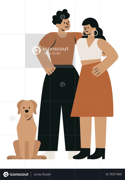 Young Couple with Dog  Illustration