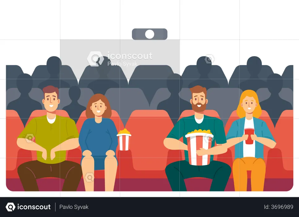 Young Couples Watching Movie at Cinema  Illustration