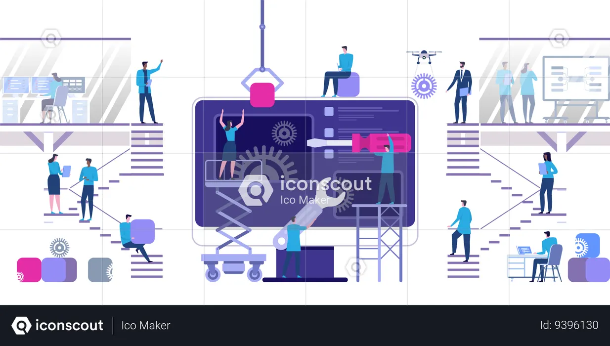 Young design team of web developers build a site on a giant monitor  Illustration