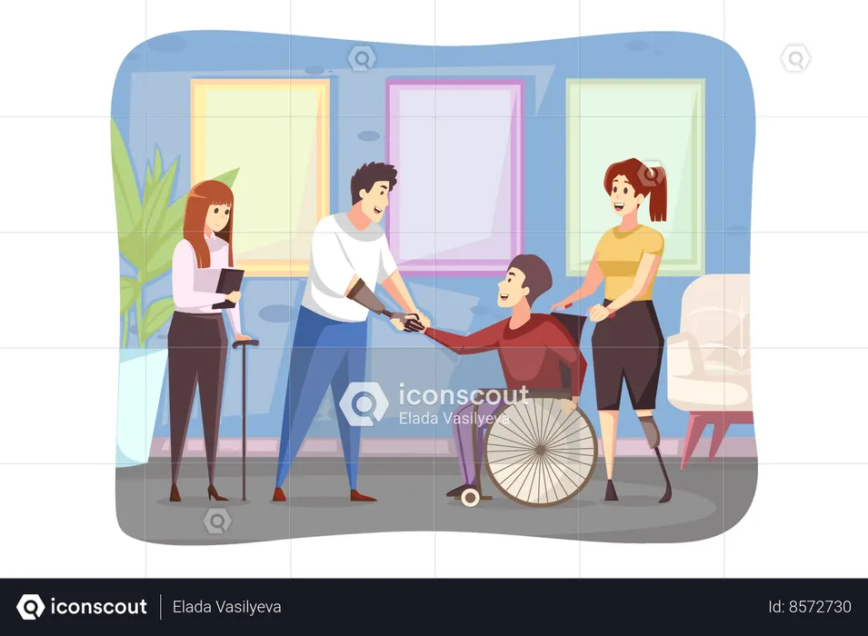 Young disabled handicapped people men women in wheelchair and prostheses standing shaking hands together  Illustration