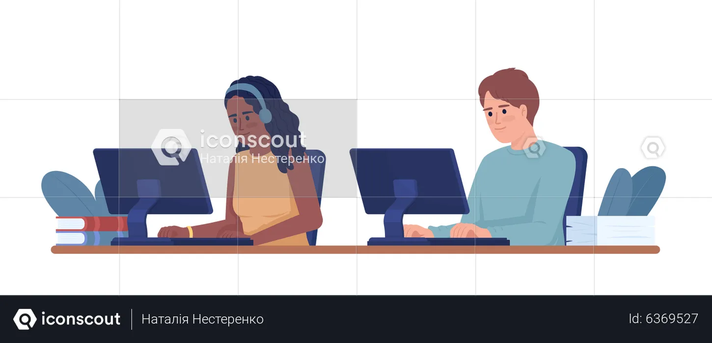 Young employees working side by side  Illustration