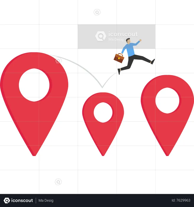 Young entrepreneur jumps from map navigation pins to a new relocation metaphor  Illustration