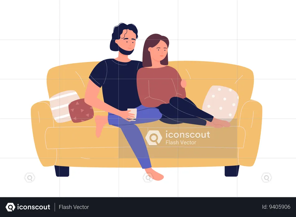 Young family couple sitting on sofa and watching TV movie in living room  Illustration