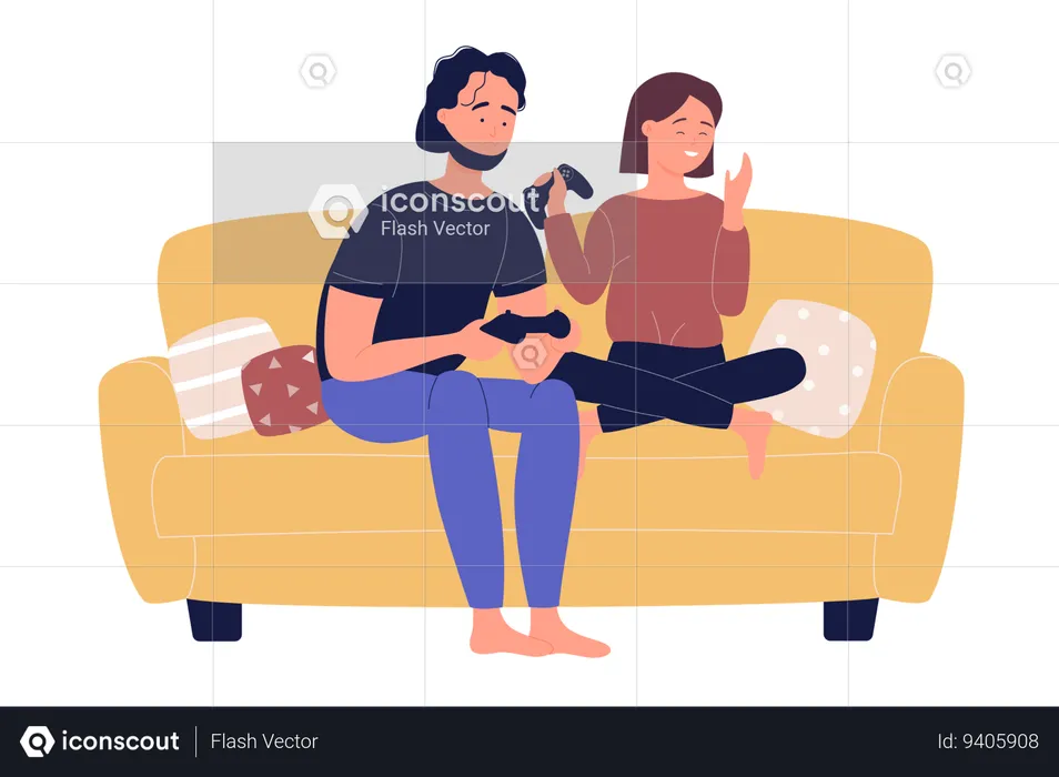 Young family couple sitting on sofa playing on TV gaming console video games in living room  Illustration