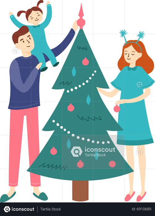 Young family decorate Christmas tree  Illustration