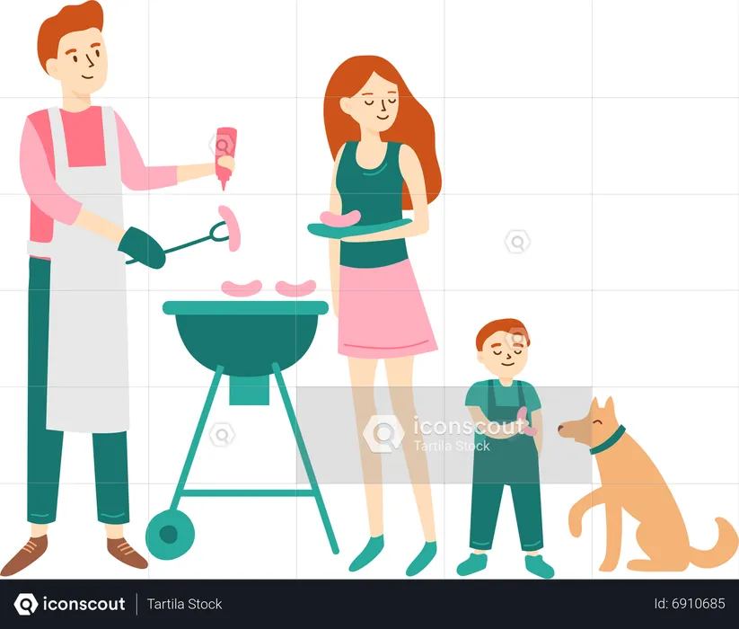 Young family having BBQ together  Illustration