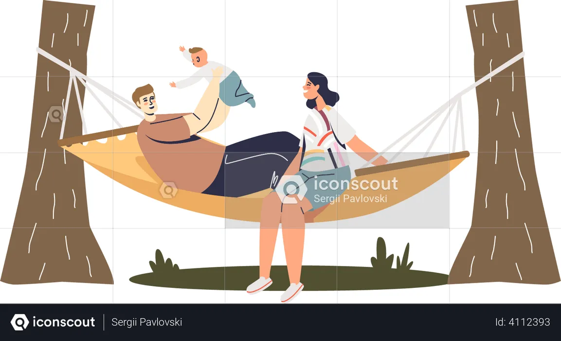 Young family relax in hammock outdoors in garden  Illustration