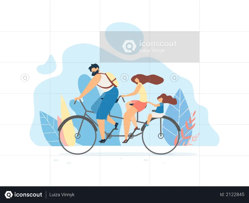 Young Family Riding Bike  Illustration