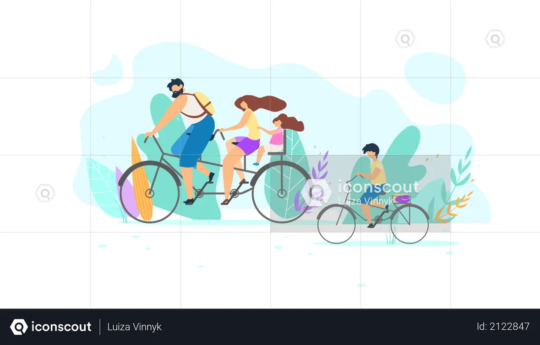 Young Family Riding Bike  Illustration