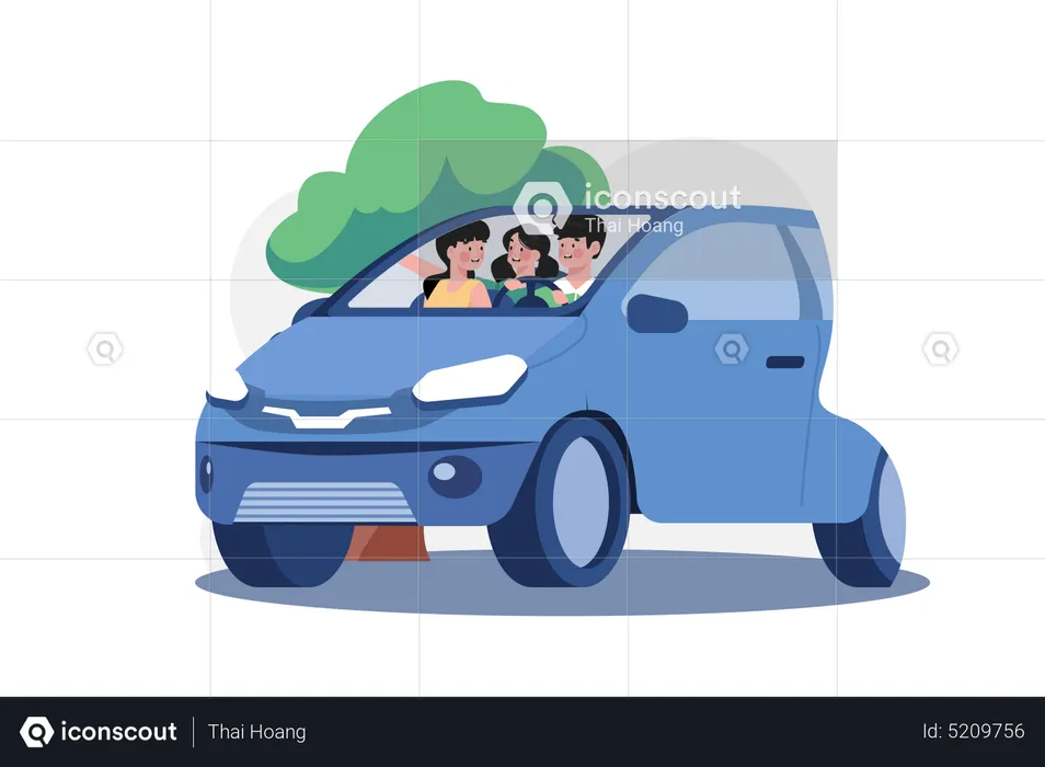 Young family sitting in a car with  Illustration