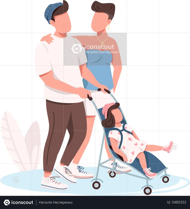 Young family walking  Illustration