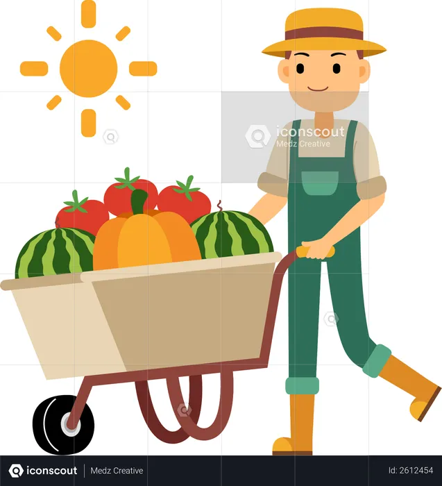 Young farmer pushing a wheelbarrow of vegetables and fruit  Illustration