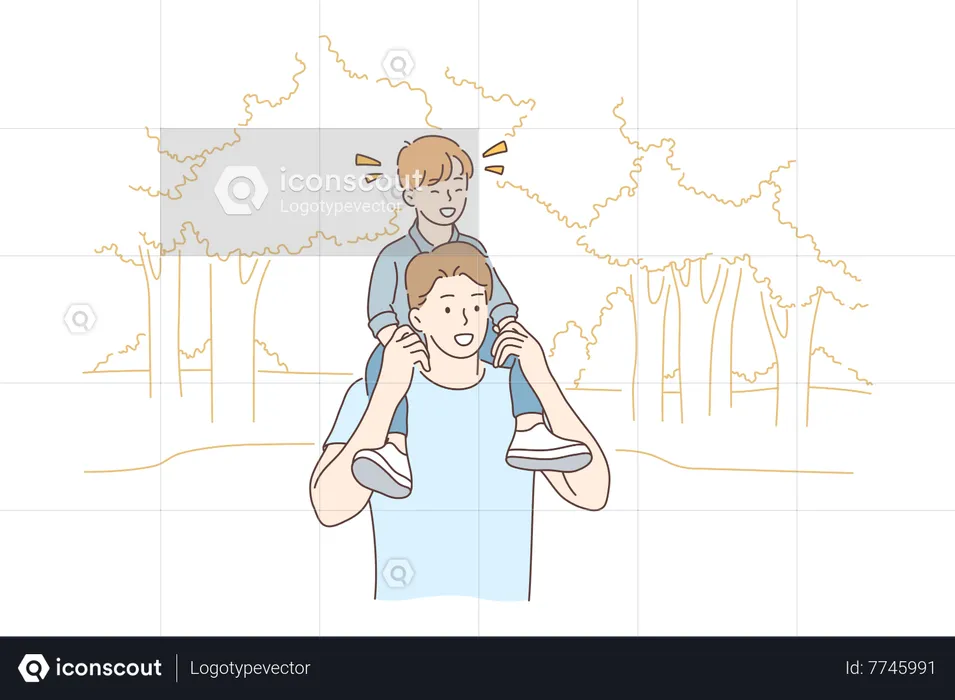 Young father carries child on his shoulder  Illustration