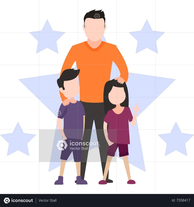 Young father standing with children  Illustration