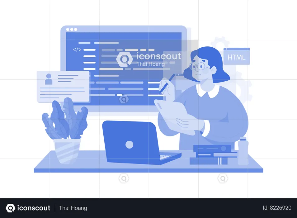 Young Female Computer Programmer Coding At Laptop  Illustration