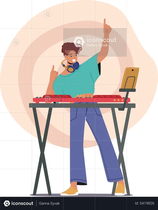 Young female DJ player playing at night disco club  Illustration