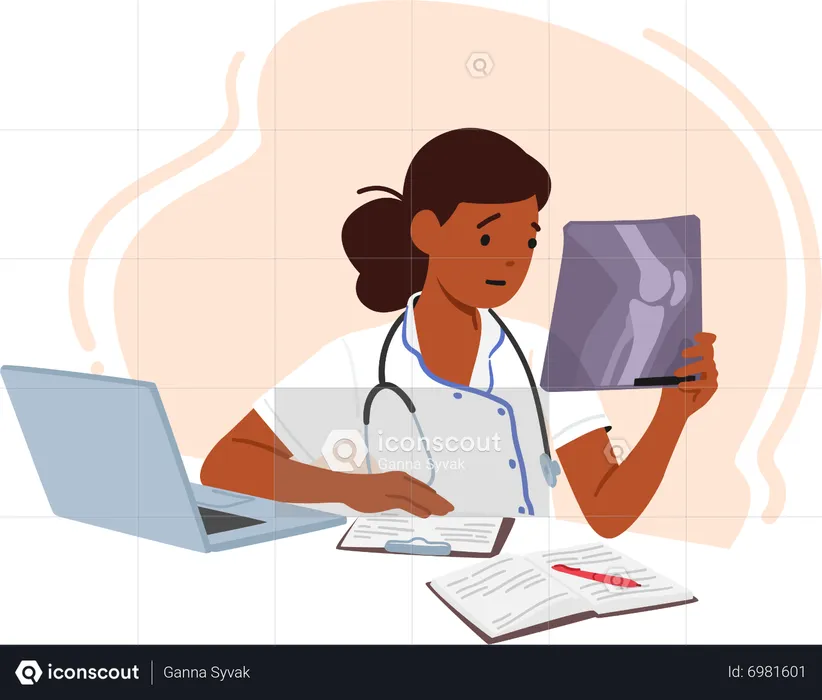 Young female doctor looking at patient x-ray  Illustration