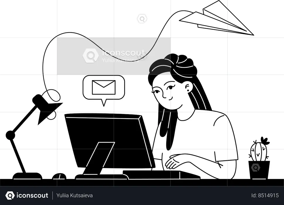Young female employee corresponds by email while sitting at computer at workplace  Illustration