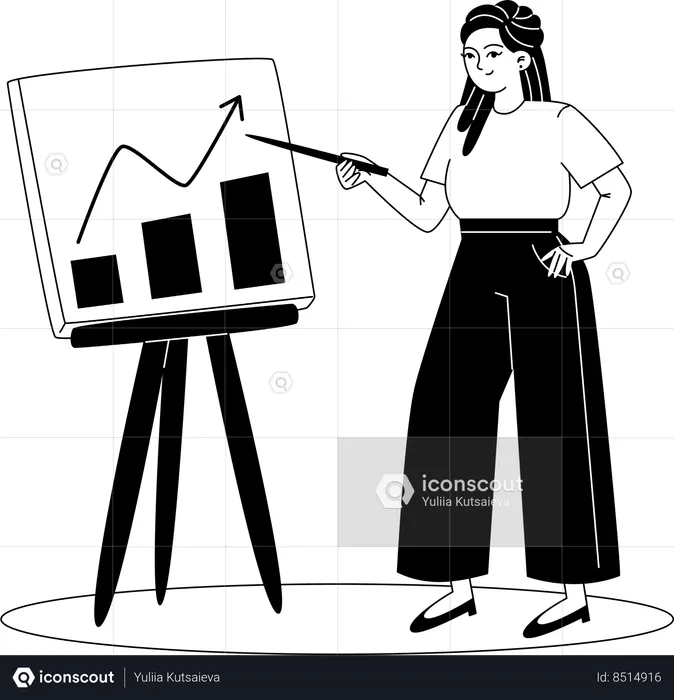 Young female employee makes presentation about company's success  Illustration