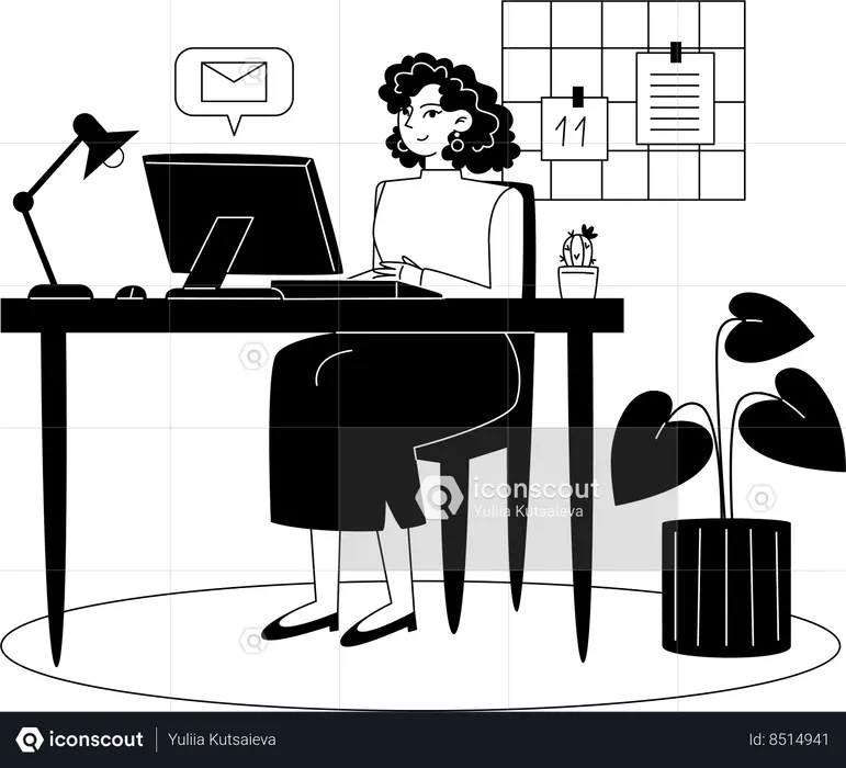 Young female employee works on computer at workplace  Illustration