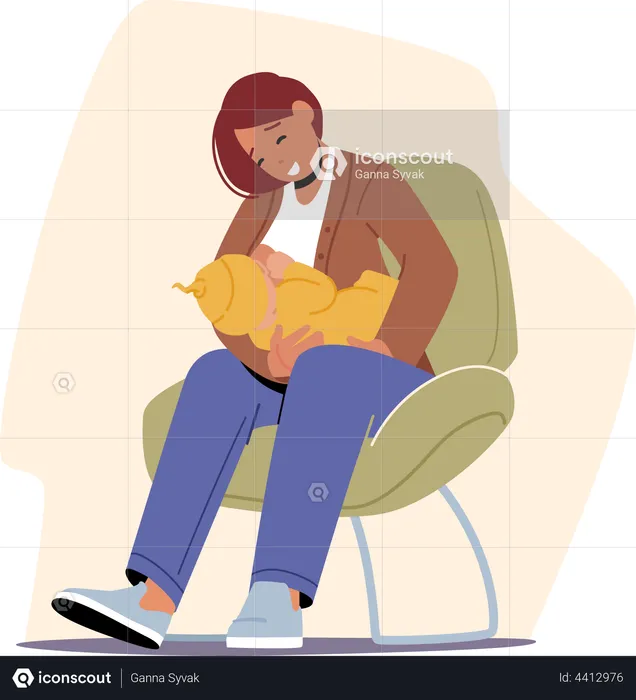 Young Female Feeding Baby with Breast Sitting on Chair  Illustration