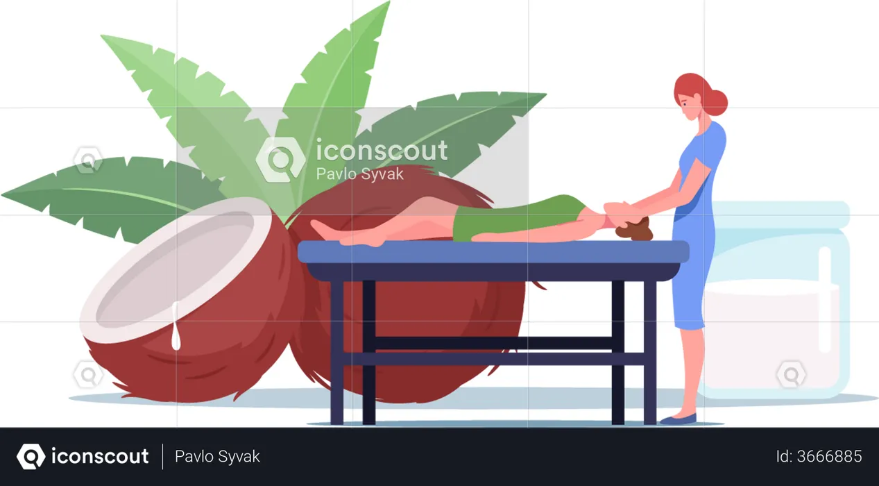 Young Female Lying on Table Massage with Coconut Oil in Spa  Illustration
