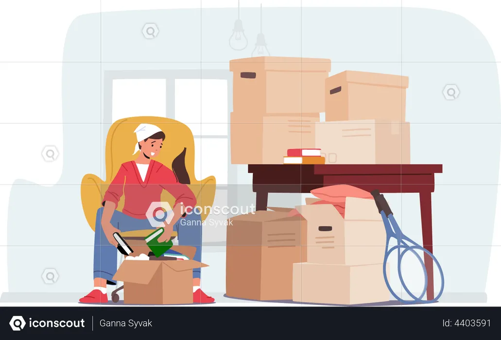 Young Female Moving into New Home  Illustration