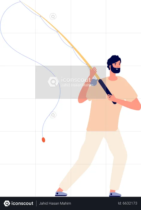 Young fisher man holding finishing rob  Illustration