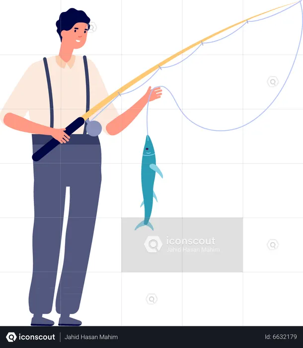 Young fisherman catching fish  Illustration