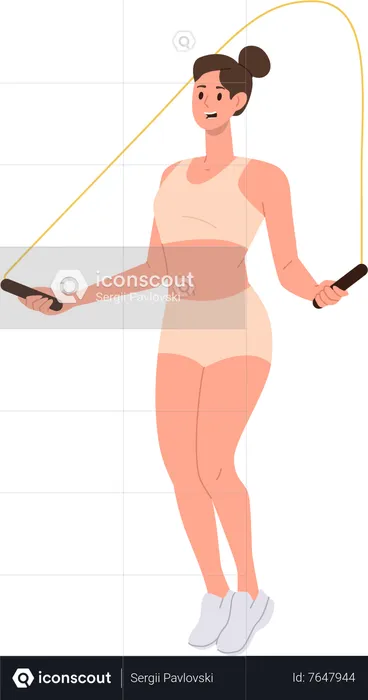 Young fitness woman character jumping on skipping rope  Illustration