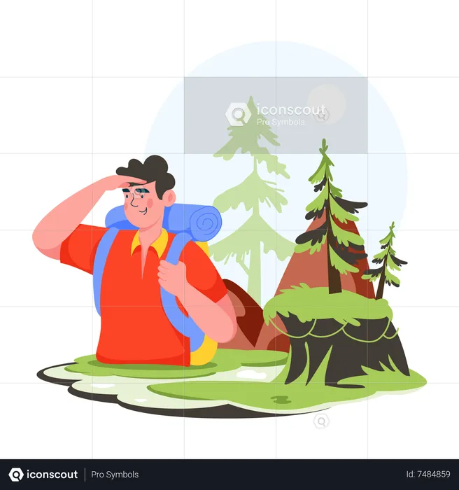 Young Forest Backpacker looking location in forest  Illustration