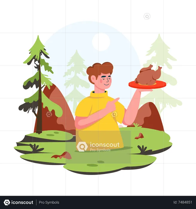 Young forester cooked grilled chicken  Illustration
