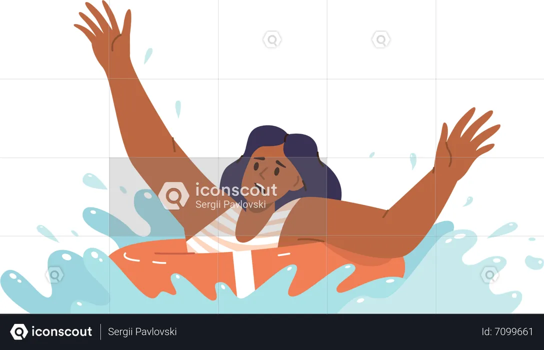 Young frightened sinking woman swimming with rubber ring in water screaming asking for help  Illustration