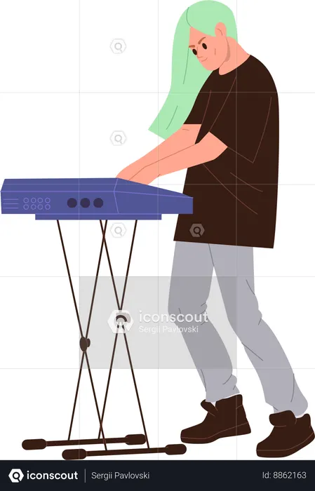 Young funky male musician playing rock music on synthesizer electric keyboard  Illustration