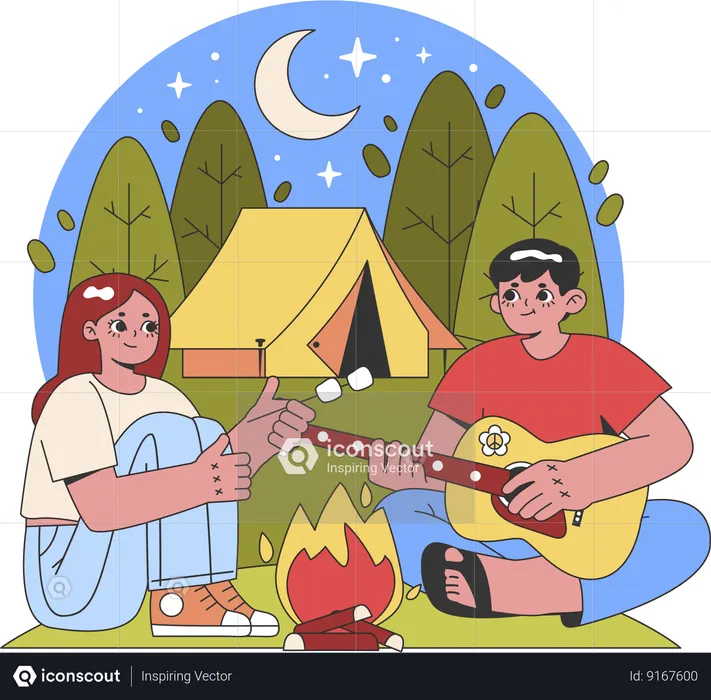 Young girl and boy enjoying camping  Illustration