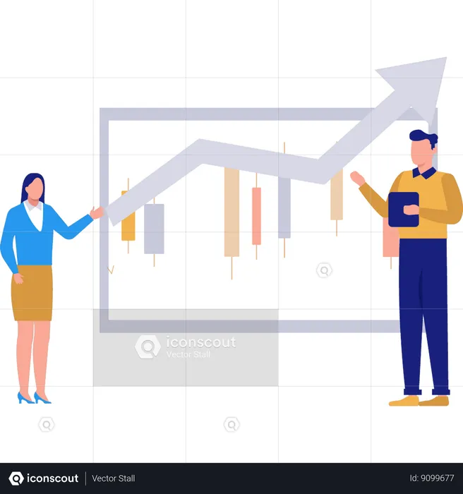 Young girl and  boy standing business chart  Illustration